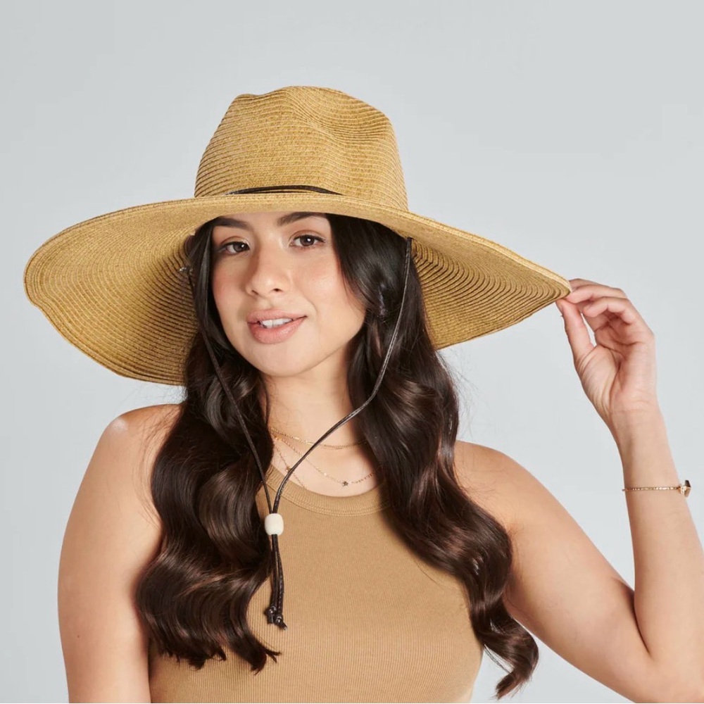 ๐ San Diego Hat Co. Wide Brim Straw Sun Hat with Decorative Band - Tan - Picture 9 of 10